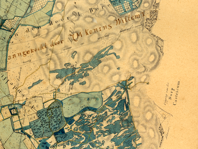 kaart-Gevers-ca-1830-met-daarop-later-ingetekend-aankoop-door-Koning-Willemn-1-en-bebossingPapenberg-nog-niet-afgegraven-